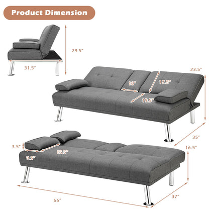 Convertible Futon Sofa Bed with Cup Holders and Adjustable Backrest, Linen Upholstery, Light Grey