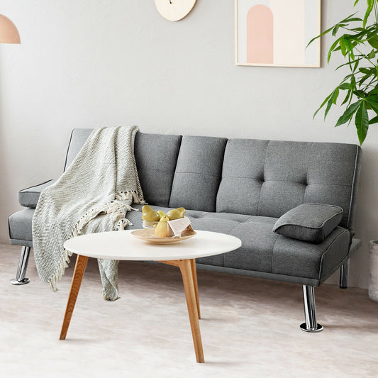 Convertible Futon Sofa Bed with Cup Holders and Adjustable Backrest, Linen Upholstery, Light Grey