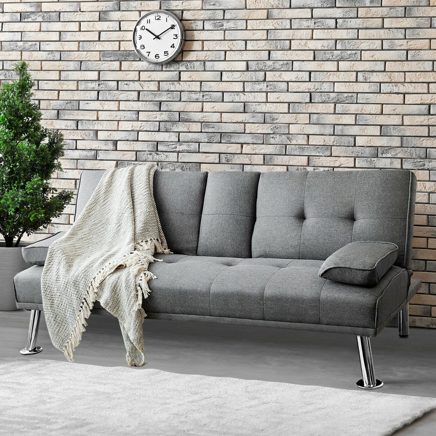 Convertible Futon Sofa Bed with Cup Holders and Adjustable Backrest, Linen Upholstery, Light Grey