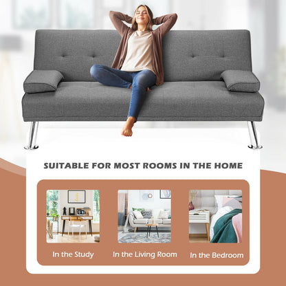 Convertible Futon Sofa Bed with Cup Holders and Adjustable Backrest, Linen Upholstery, Light Grey