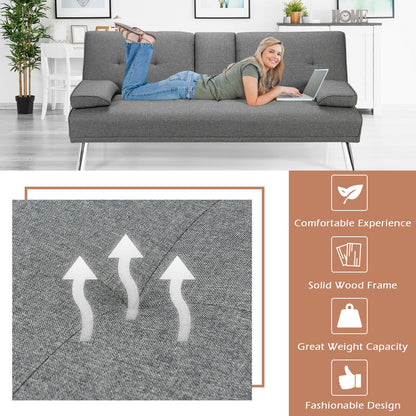 Convertible Futon Sofa Bed with Cup Holders and Adjustable Backrest, Linen Upholstery, Light Grey