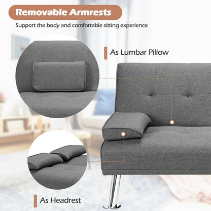 Convertible Futon Sofa Bed with Cup Holders and Adjustable Backrest, Linen Upholstery, Light Grey
