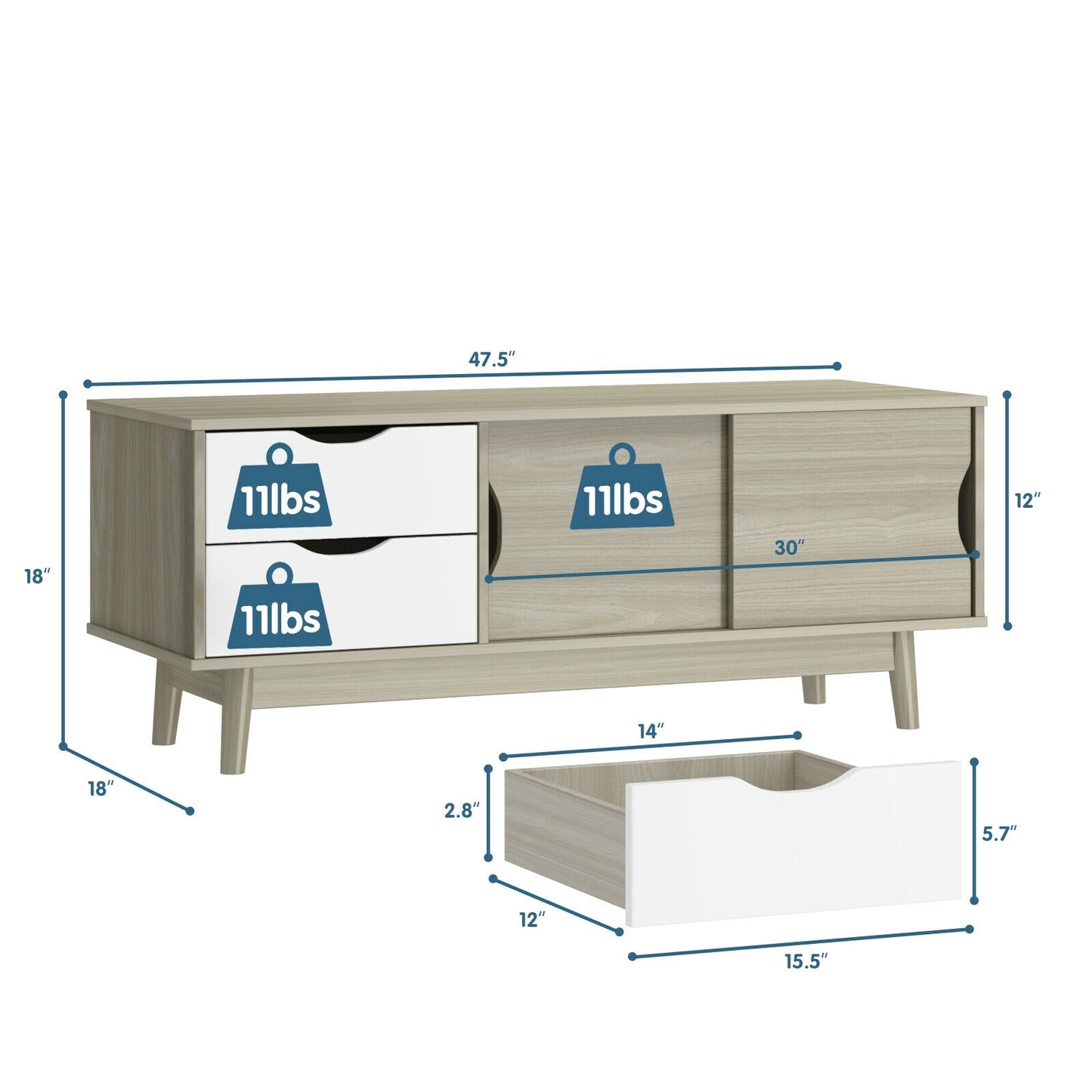 Spacious Media Console TV Stand with Sliding Doors and Drawers for TVs up to 60 Inches in Grey