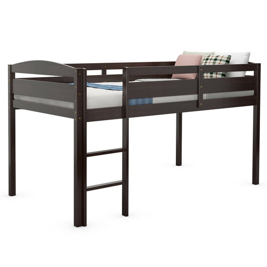Solid Wood Twin Low Loft Bunk Bed with Guardrails and Easy Climb Ladder - Dark Brown