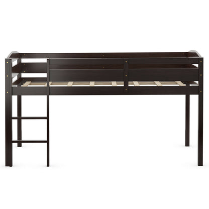 Solid Wood Twin Low Loft Bunk Bed with Guardrails and Easy Climb Ladder - Dark Brown