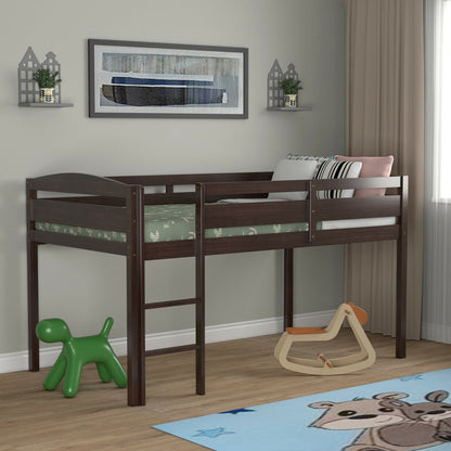 Solid Wood Twin Low Loft Bunk Bed with Guardrails and Easy Climb Ladder - Dark Brown