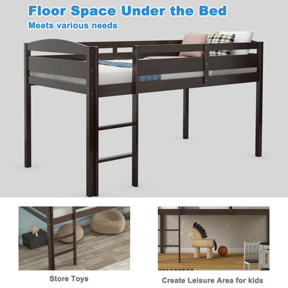 Solid Wood Twin Low Loft Bunk Bed with Guardrails and Easy Climb Ladder - Dark Brown