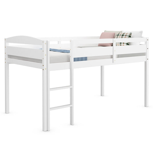Solid Wood Twin Low Loft Bunk Bed with Guardrails and Easy Climb Ladder - White