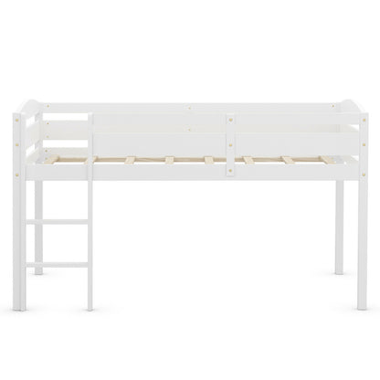 Solid Wood Twin Low Loft Bunk Bed with Guardrails and Easy Climb Ladder - White