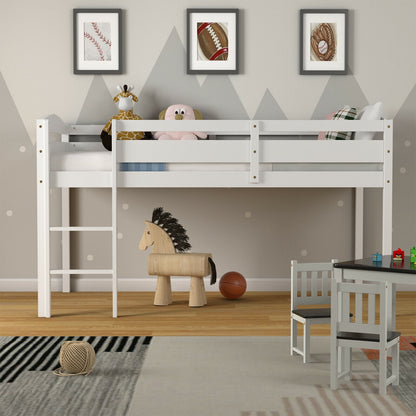 Solid Wood Twin Low Loft Bunk Bed with Guardrails and Easy Climb Ladder - White