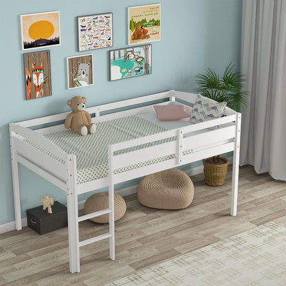 Solid Wood Twin Low Loft Bunk Bed with Guardrails and Easy Climb Ladder - White