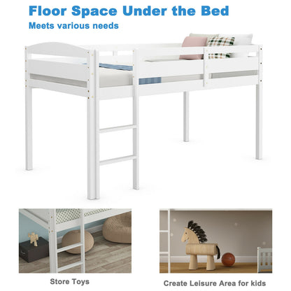 Solid Wood Twin Low Loft Bunk Bed with Guardrails and Easy Climb Ladder - White