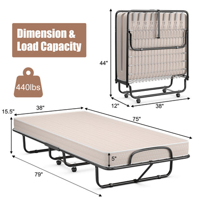 Rollaway Guest Bed with Memory Foam Mattress and Steel Frame Made in Italy - Beige