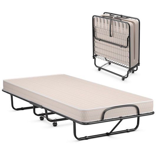 Rollaway Guest Bed with Memory Foam Mattress and Steel Frame Made in Italy - Beige