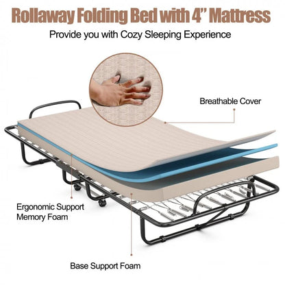 Rollaway Guest Bed with Memory Foam Mattress and Steel Frame Made in Italy - Beige
