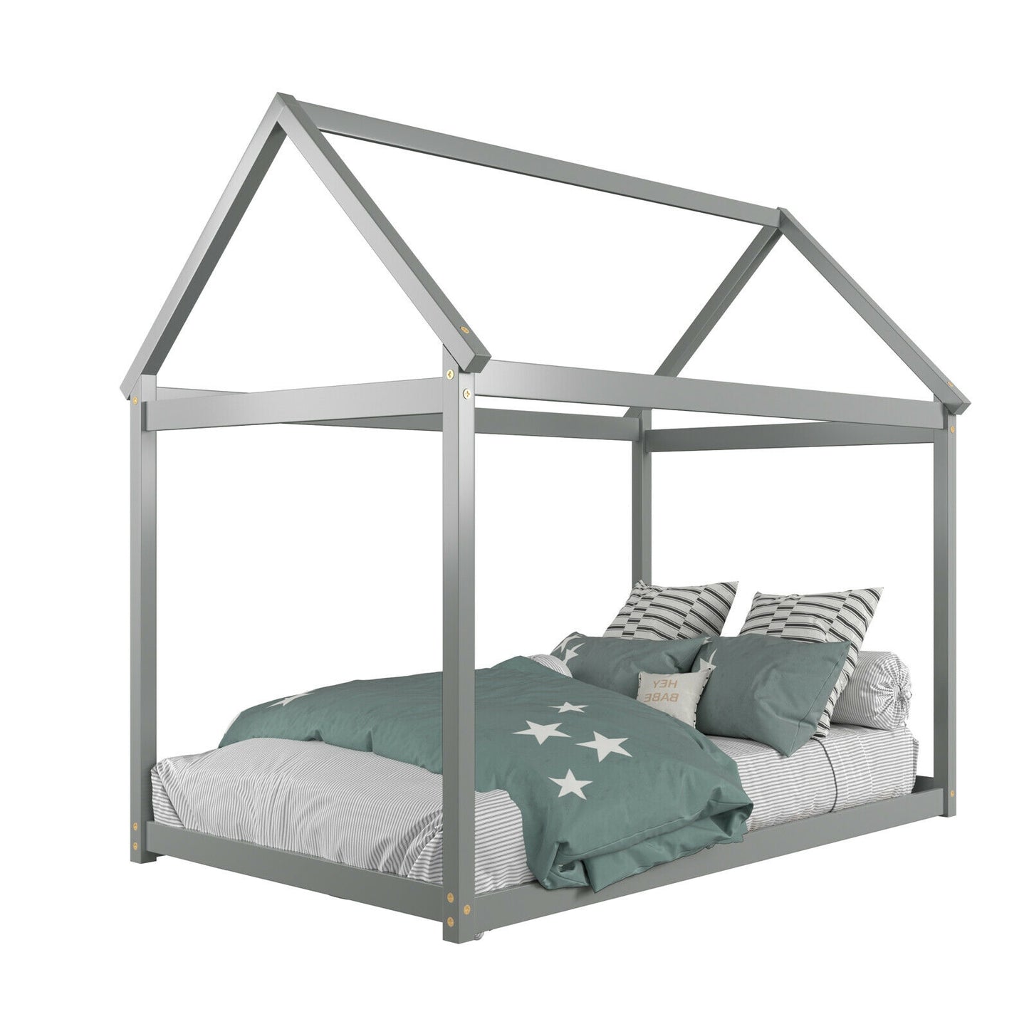 Durable Twin Platform Kids Bed with Roof and Heavy-Duty Slats – Grey