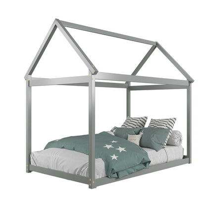 Durable Twin Platform Kids Bed with Roof and Heavy-Duty Slats – Grey