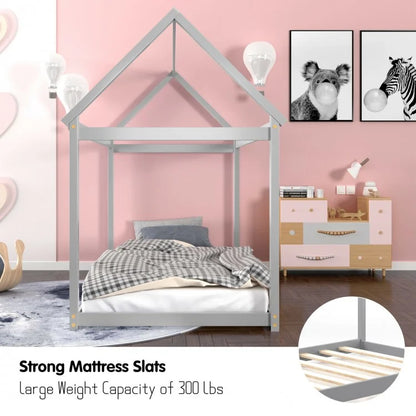 Durable Twin Platform Kids Bed with Roof and Heavy-Duty Slats – Grey
