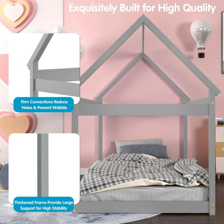 Durable Twin Platform Kids Bed with Roof and Heavy-Duty Slats – Grey