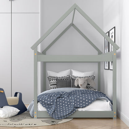Durable Twin Platform Kids Bed with Roof and Heavy-Duty Slats – Grey