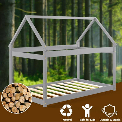 Durable Twin Platform Kids Bed with Roof and Heavy-Duty Slats – Grey