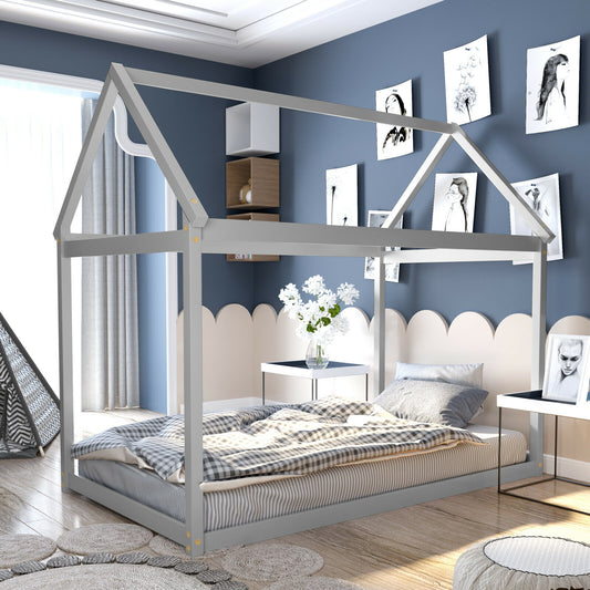 Durable Twin Platform Kids Bed with Roof and Heavy-Duty Slats – Grey