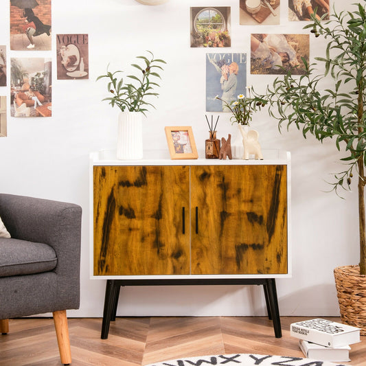 Mid-Century Modern Storage Cabinet with Double Doors and Metal Legs for Dining Room Living Room or Entryway