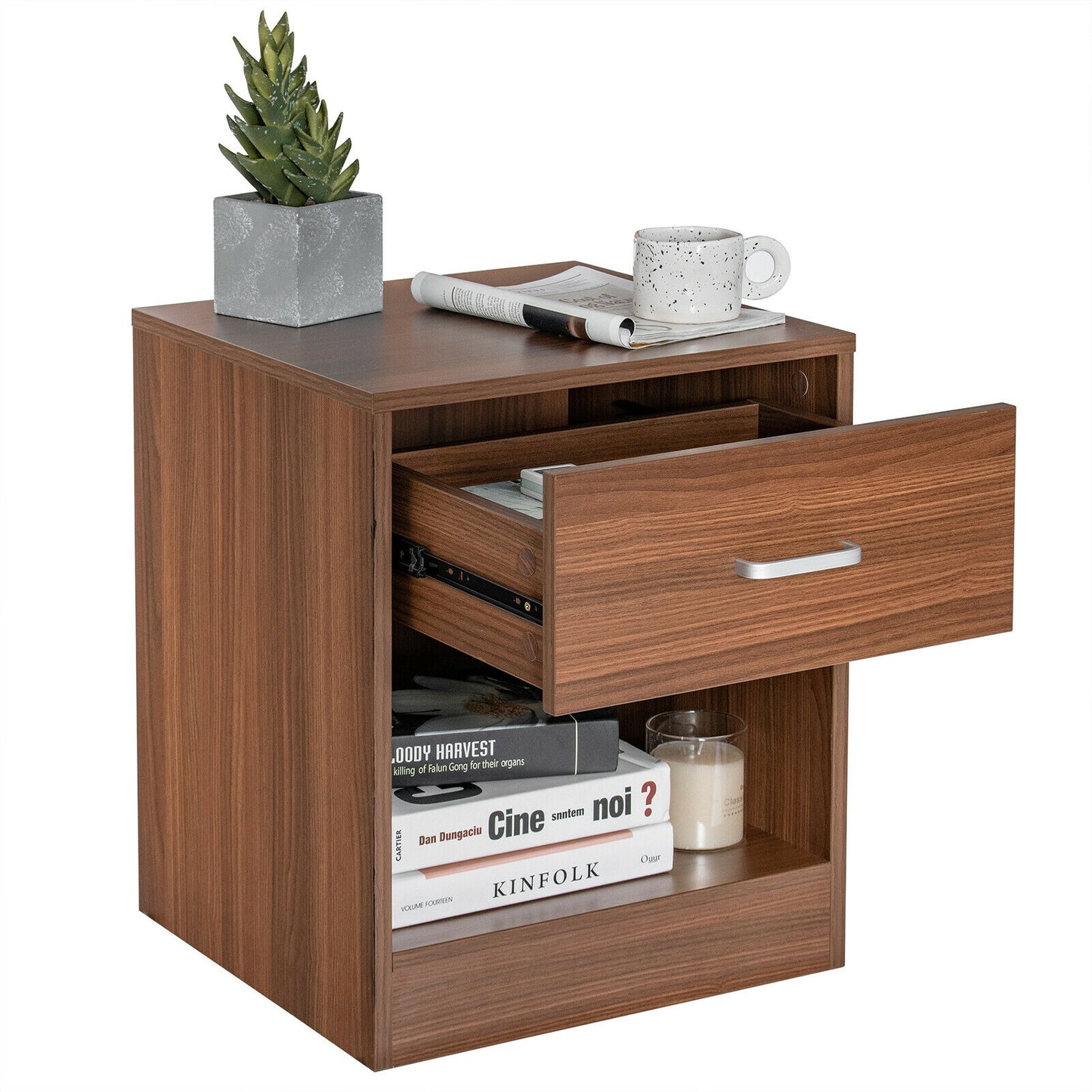 Modern Nightstand with Drawer and Open Storage Shelf – Brown Finish