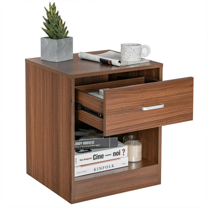 Modern Nightstand with Drawer and Open Storage Shelf – Brown Finish
