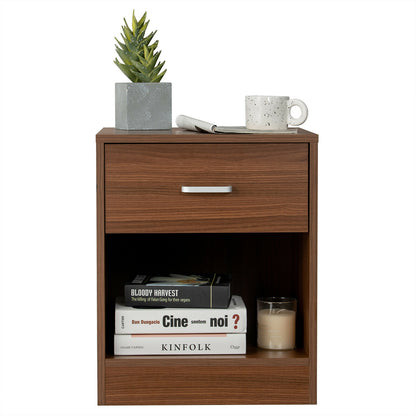Modern Nightstand with Drawer and Open Storage Shelf – Brown Finish