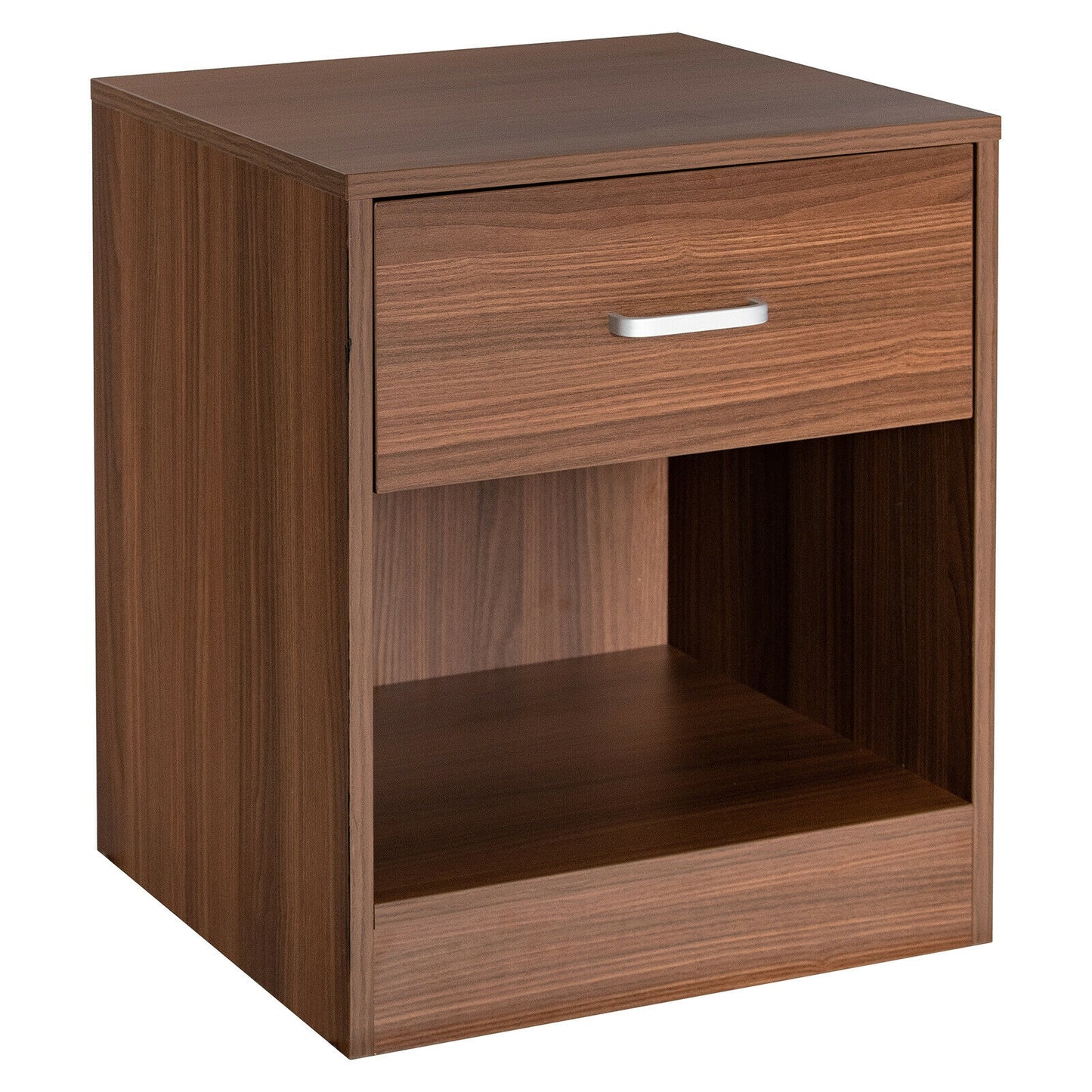 Modern Nightstand with Drawer and Open Storage Shelf – Brown Finish