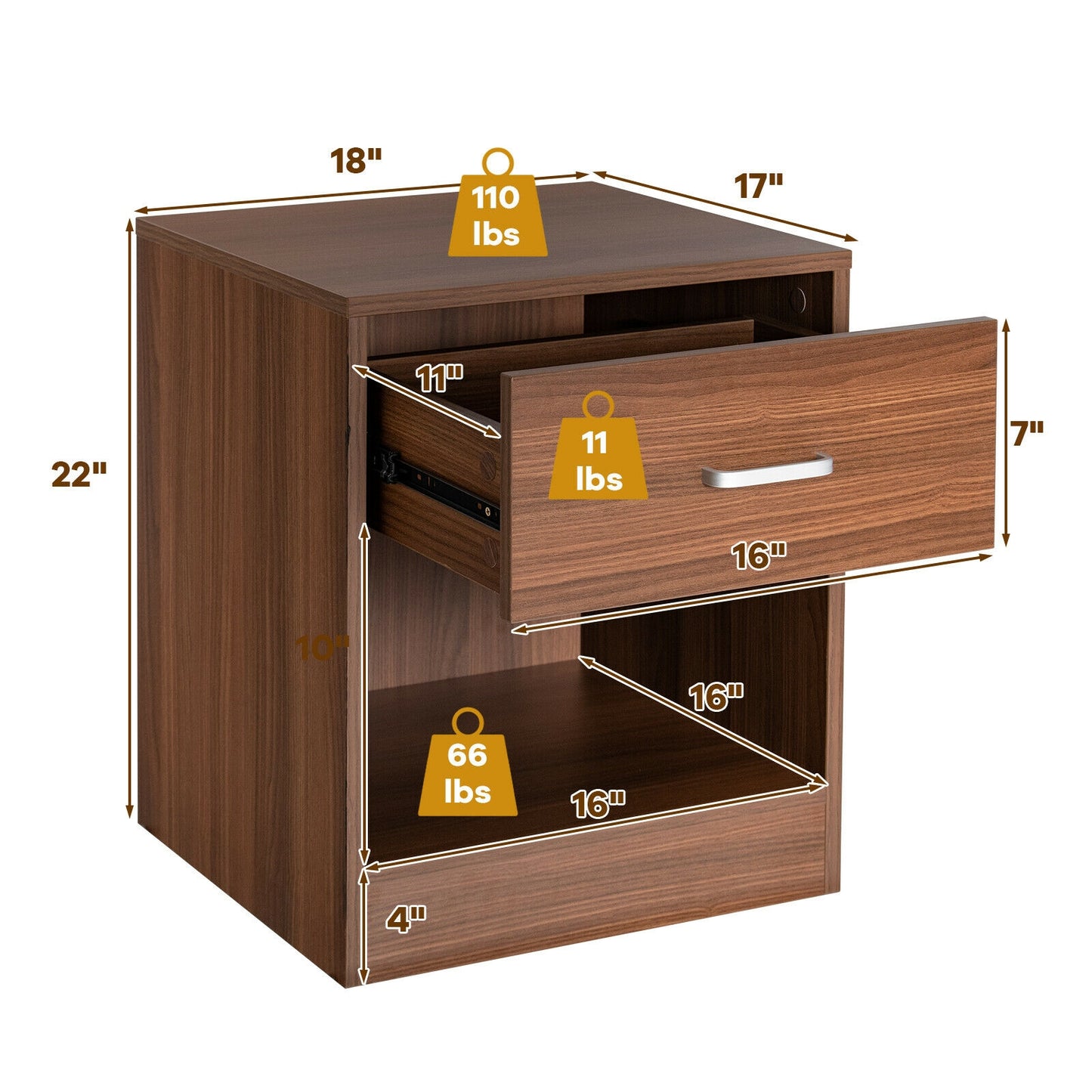 Modern Nightstand with Drawer and Open Storage Shelf – Brown Finish