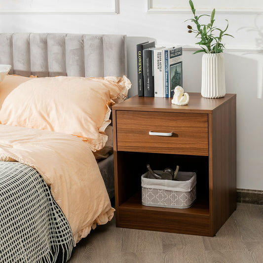 Modern Nightstand with Drawer and Open Storage Shelf – Brown Finish