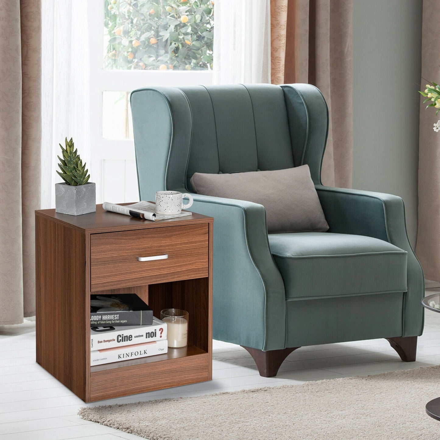 Modern Nightstand with Drawer and Open Storage Shelf – Brown Finish