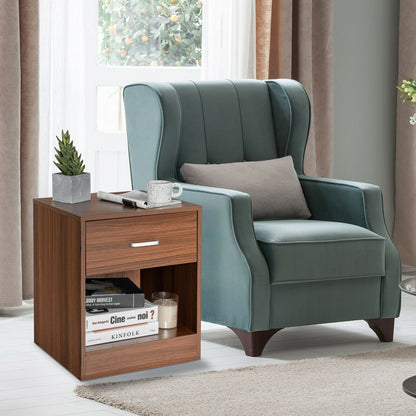 Modern Nightstand with Drawer and Open Storage Shelf – Brown Finish