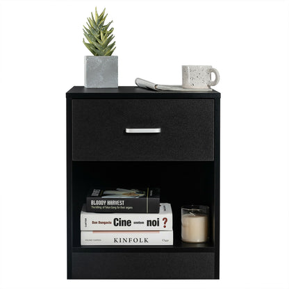 Modern Nightstand with Drawer and Open Storage Shelf – Black Finish