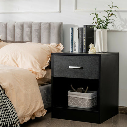 Modern Nightstand with Drawer and Open Storage Shelf – Black Finish