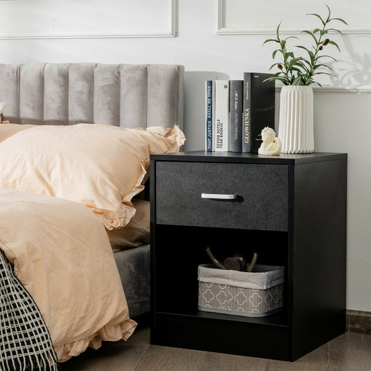 Modern Nightstand with Drawer and Open Storage Shelf – Black Finish