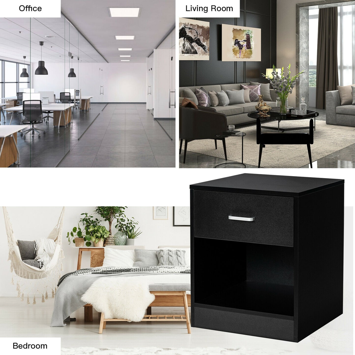 Modern Nightstand with Drawer and Open Storage Shelf – Black Finish