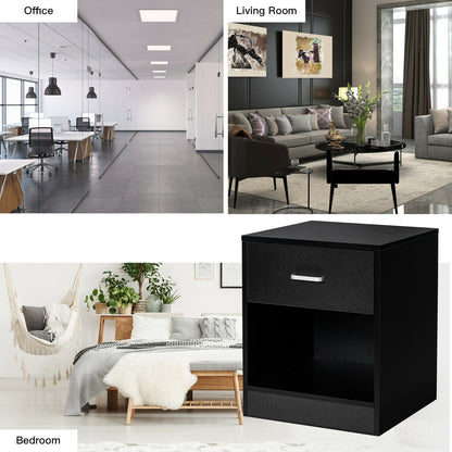 Modern Nightstand with Drawer and Open Storage Shelf – Black Finish