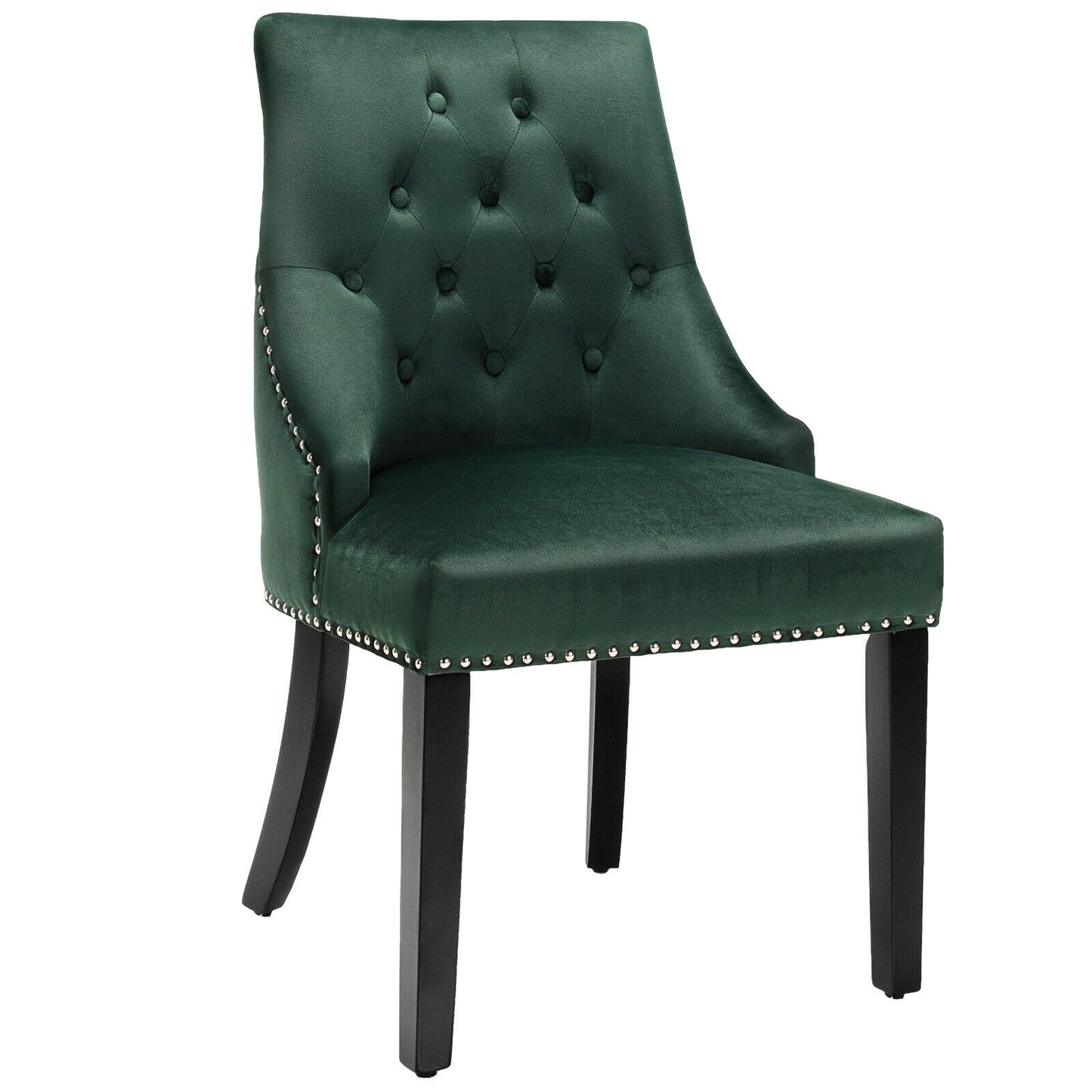 Elegant Button-Tufted Upholstered Dining Chair with Nailhead Trim - Dark Green