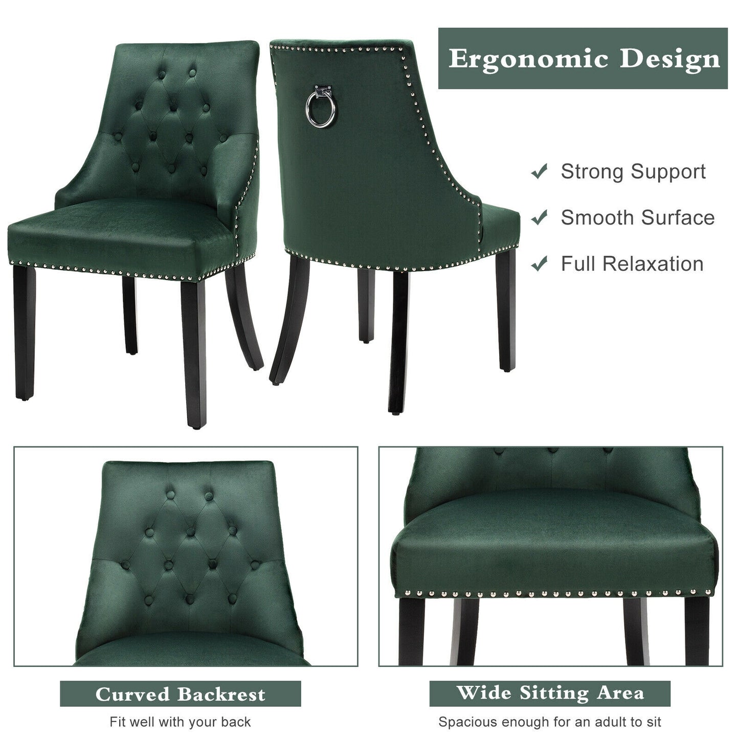 Elegant Button-Tufted Upholstered Dining Chair with Nailhead Trim - Dark Green