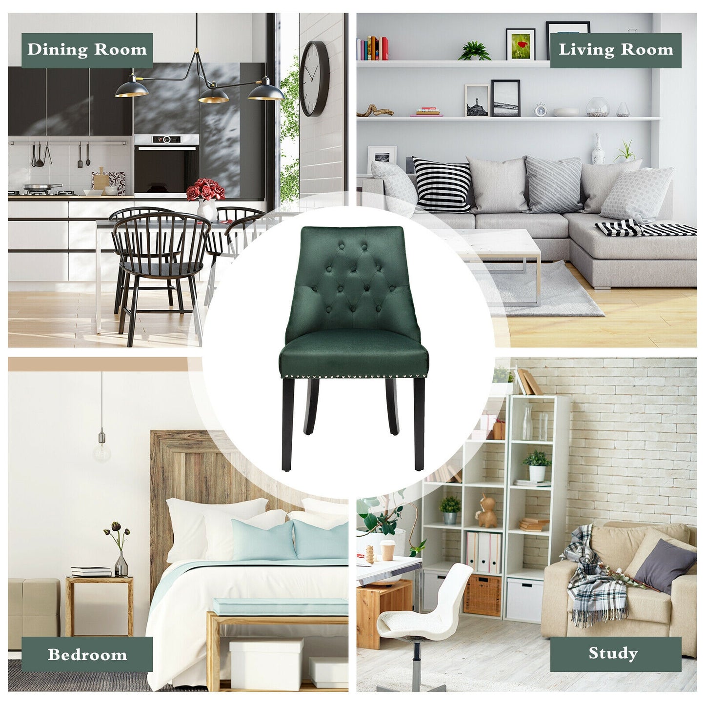 Elegant Button-Tufted Upholstered Dining Chair with Nailhead Trim - Dark Green