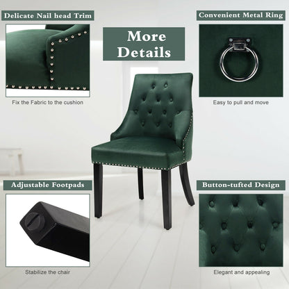 Elegant Button-Tufted Upholstered Dining Chair with Nailhead Trim - Dark Green