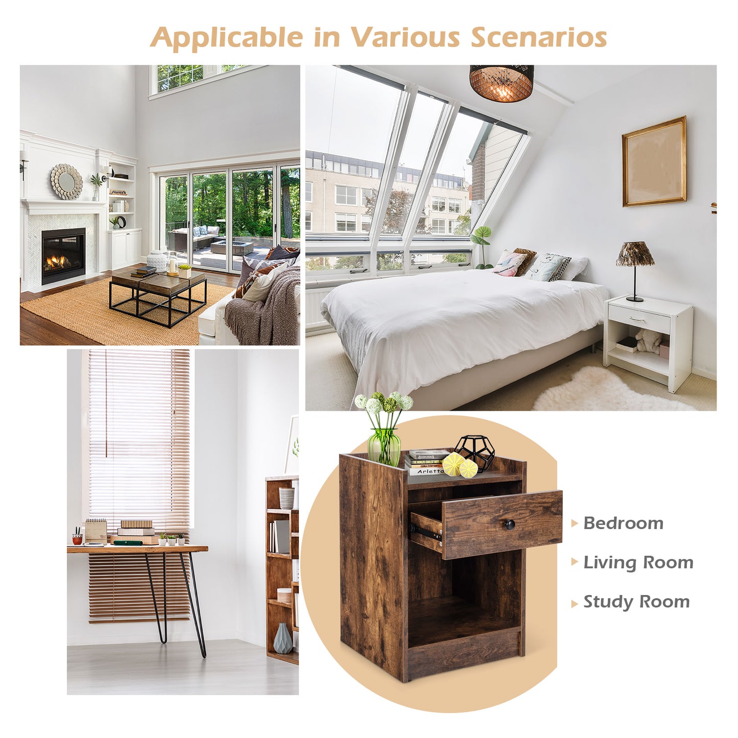 Set of 2 Nightstands with Drawer and Cabinet Raised Top Bedside End Tables Brown