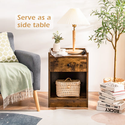 Set of 2 Nightstands with Drawer and Cabinet Raised Top Bedside End Tables Brown