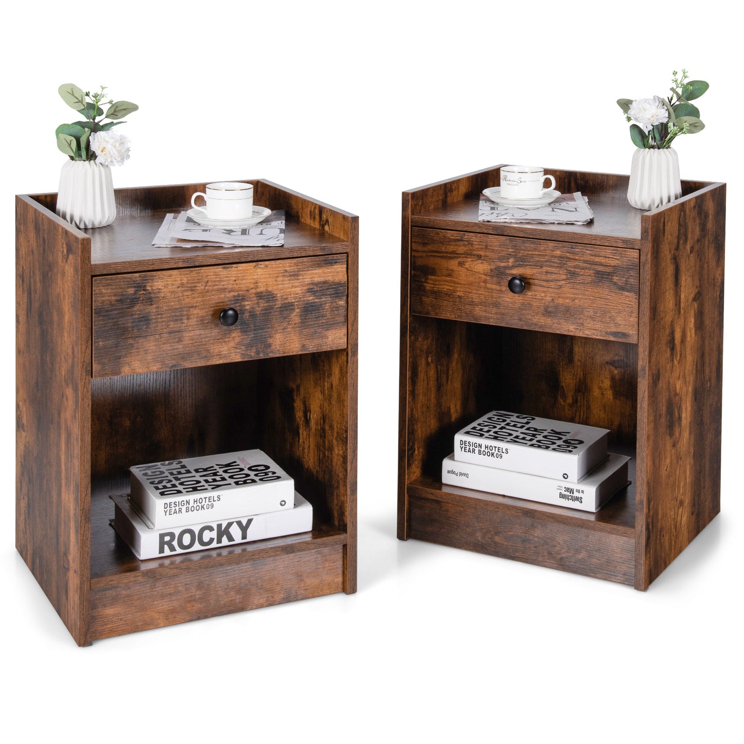 Set of 2 Nightstands with Drawer and Cabinet Raised Top Bedside End Tables Brown