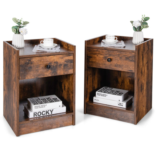 Set of 2 Nightstands with Drawer and Cabinet Raised Top Bedside End Tables Brown