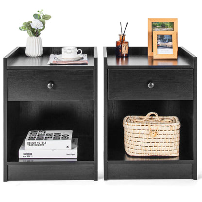 Set of 2 Nightstands with Drawer and Cabinet Raised Top Bedside End Tables Black