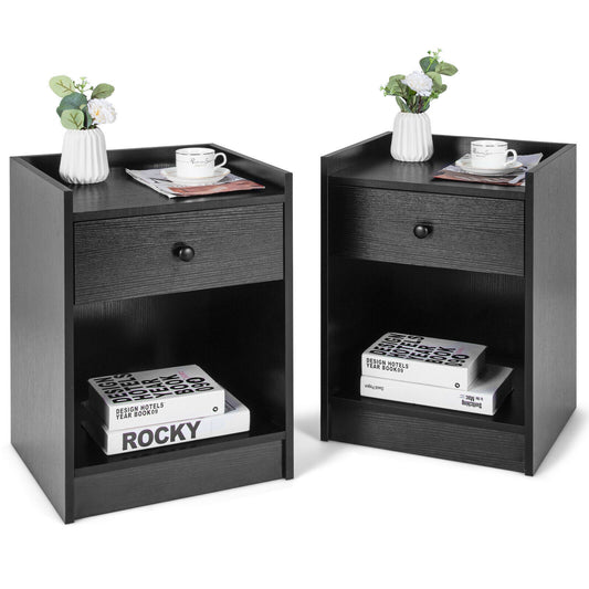 Set of 2 Nightstands with Drawer and Cabinet Raised Top Bedside End Tables Black